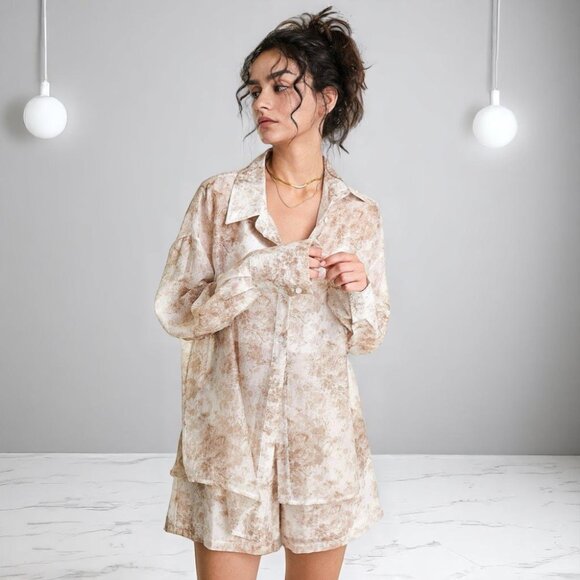 NWT J.ING 2 Pieces Floral Print Casual Sheer Oversize Shirt Top with Shorts Set - Picture 7 of 8